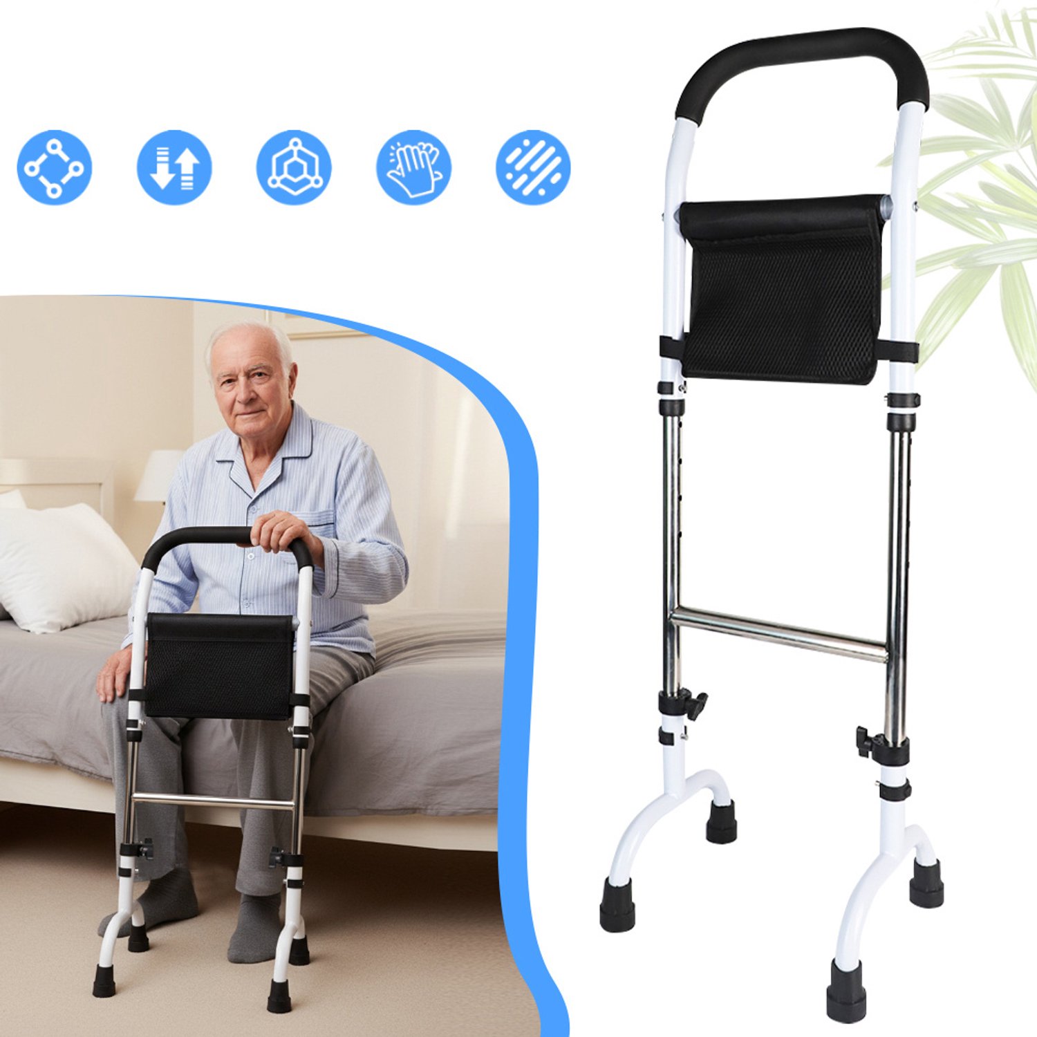 Verstelbaar Staand Hulpmiddel Met Opbergvak – 130 kg Draagvermogen En 73-92 cm Hoogte – Antislip Rubberen Voet En Koolstofstaal – Voor Ouderen En Na Een Operatie – Zwart/Wit