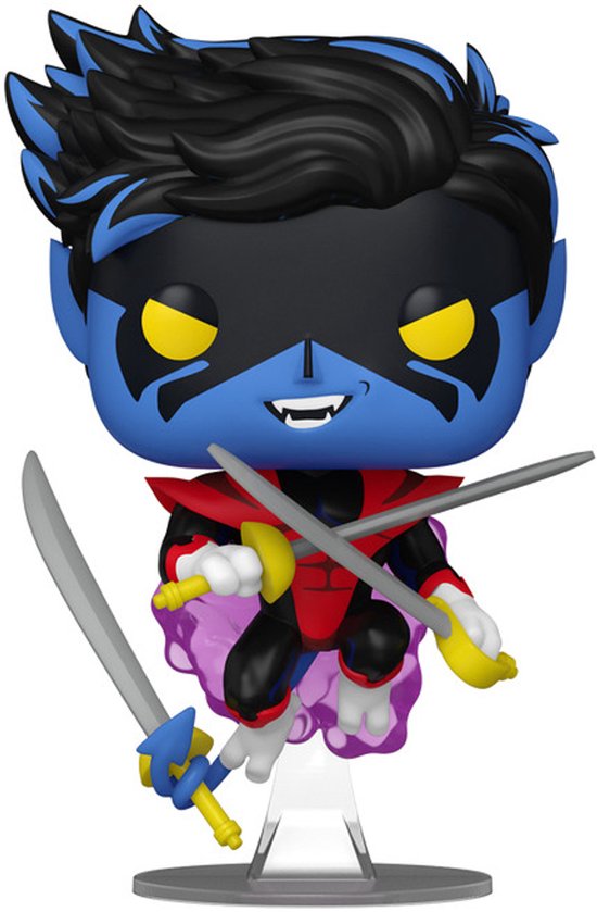 Funko Pop! figuur van Nightcrawler met blauwe huid, zwarte haren en masker, rode cape, houdt twee zwaarden vast.