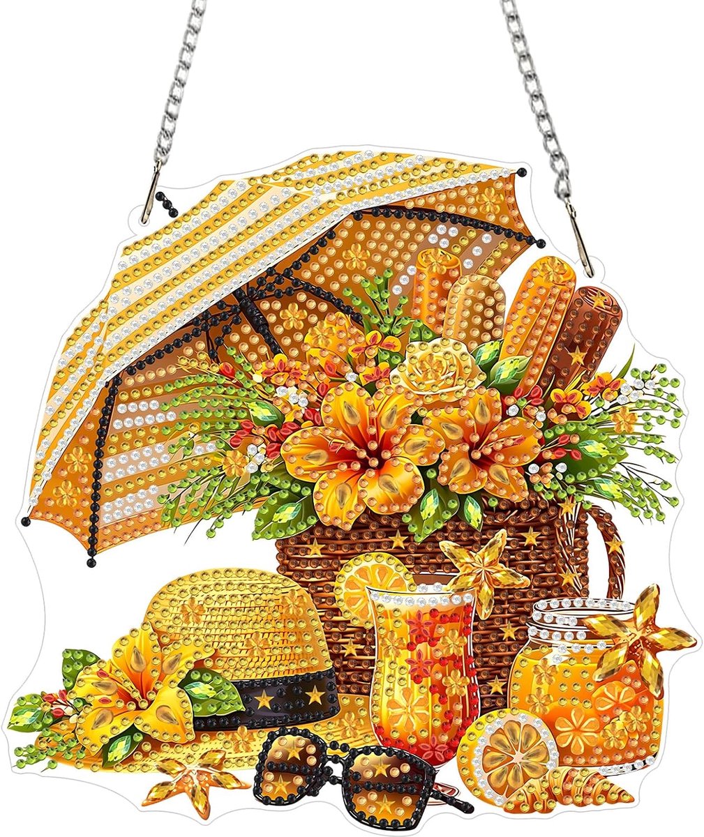 Strandparasol Diamantschilderij Hanger, 5D Strandaccessoires Sierhanger, DIY Kristal Strass Acryl Ornament voor Raam, Muur, Deur en Tuin Decoratie