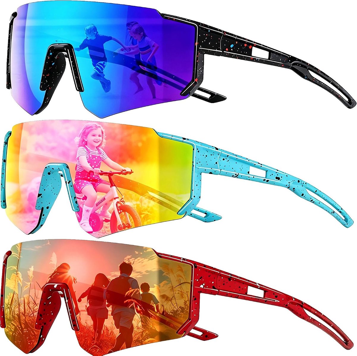 Fietsbril voor kinderen, 5 stuks, UV900, gepolariseerde sportbril, voor jongens en meisjes, geschikt voor outdooractiviteiten (fietsen, hardlopen, golf)