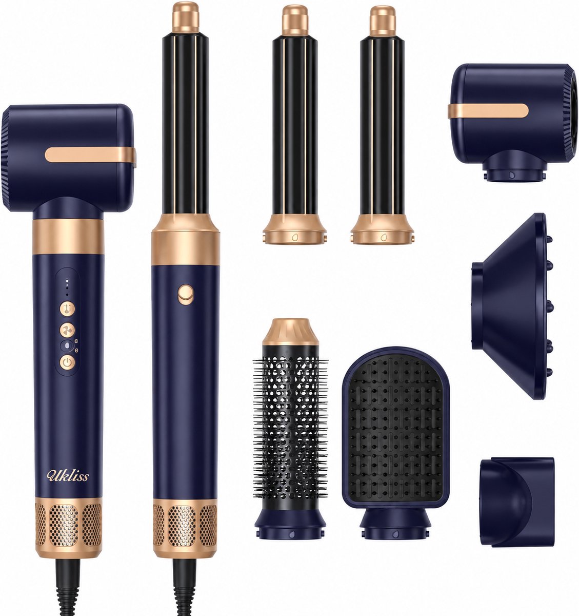UKLISS 7-in-1 High Speed Multistyler & Föhnborstel - Professionele Warme Luchtborstel - Krachtige Digitale Motor 1400W - Voor Krullen, Stijlen en Snel Drogen -blauw