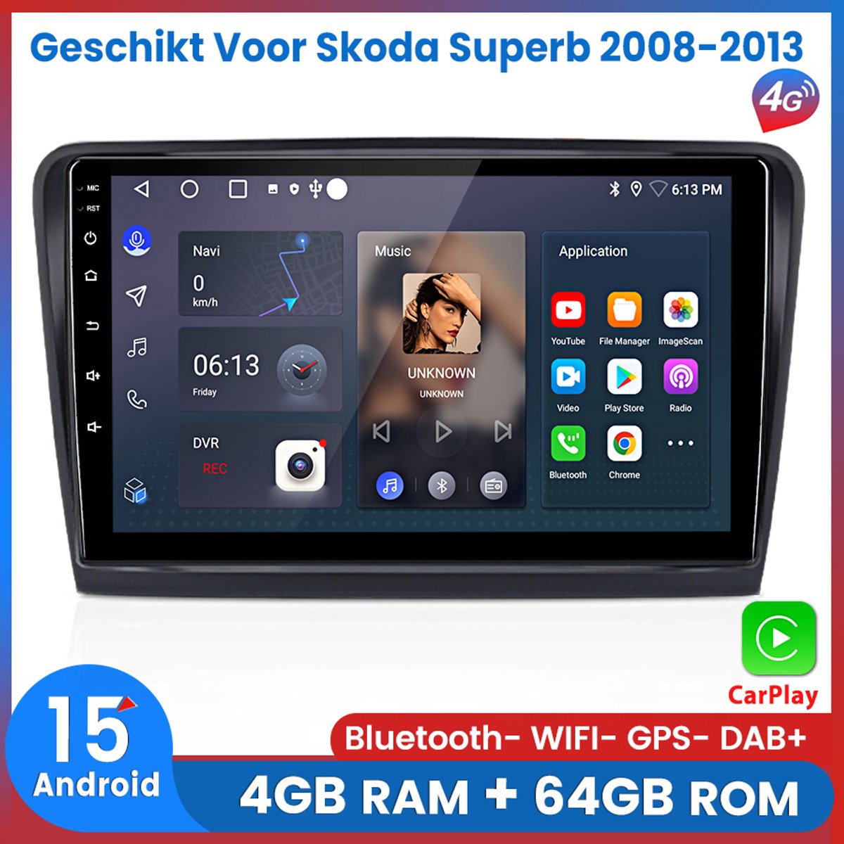 Awesafe 8-Core 4+64GB Autoradio - Geschikt Voor Skoda Superb 2008 t/m 2013 - Draadloze Carplay Android Auto - Touchscreen - GPS Navigatie 4G WiFi Mirror Link FM RDS 32EQ DSP SWC - Bluetooth Radio - 2008 2009 2010 2011 2012 2013