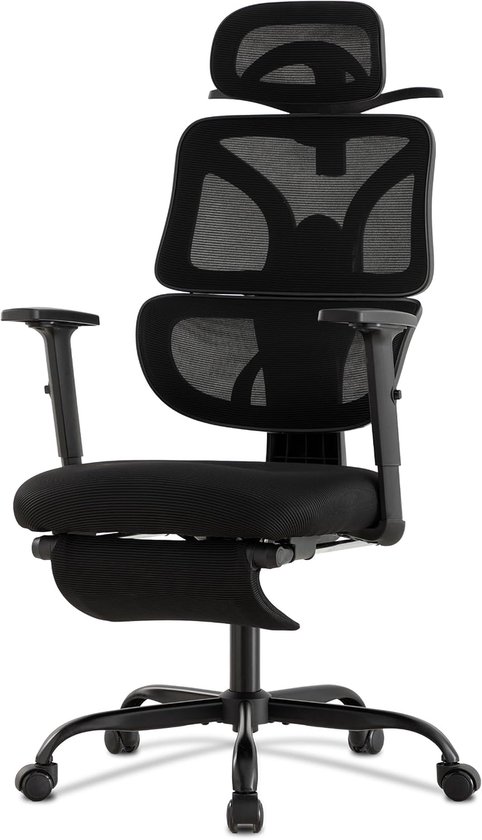 Zwarte ergonomische bureaustoel met mesh rugleuning, verstelbare armleuningen en hoofsteun.