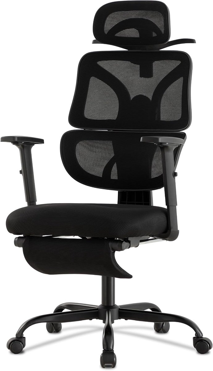 UEV 90°-135° Reclining Mesh Chair with Lumbar Support and Backrest, Ergonomic Office Chair with Headrest and Footrest, Desk Chairs with Comfort and Function, 63.5 x 70 x 118-128 cm, Zwart