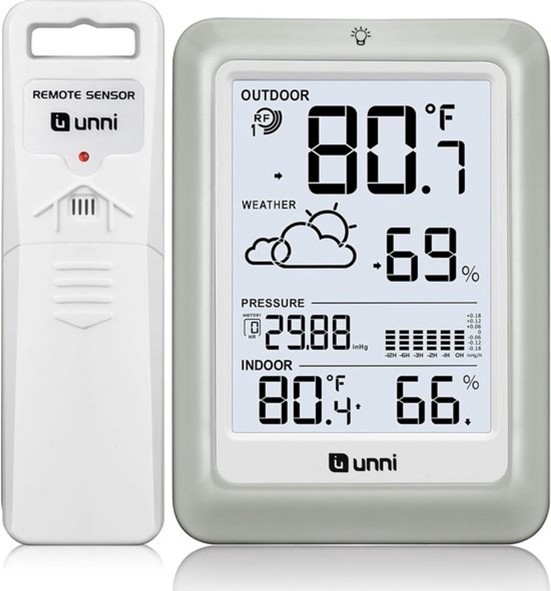 Draadloos Weerstation met Buiten Sensor, Groot Bereik en Verstelbare Achtergrondverlichting