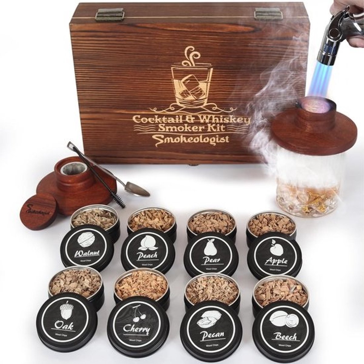 Whisky Rookset met 8 Houtsmaken - Cocktail Rook Accessoires & Luxe Cadeau