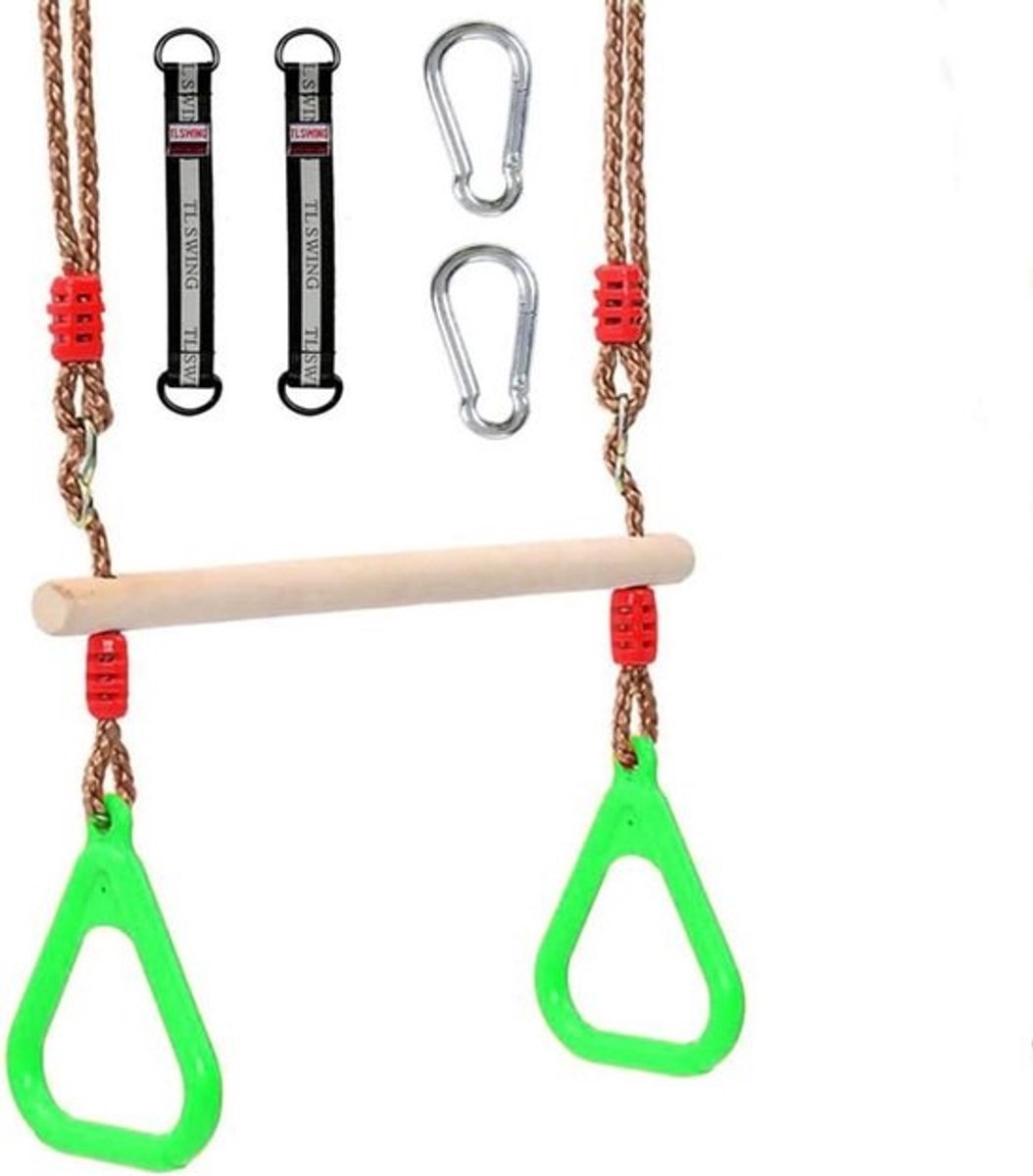 Multifunctionele houten trapeziumschommel met kunststof ringen - Belastbaar tot 120 kg voor binnen en buiten