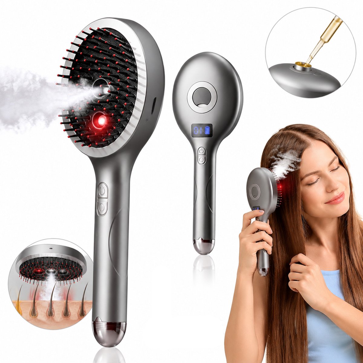 Haarglättbürste Elektrische Haarpflege Bürste mit Kopfhautmassage, Rotlicht Vibration und Feuchtigkeitsspray,mit integriertem Pflegebehälter