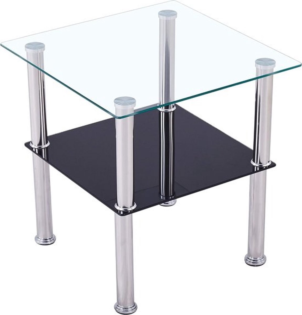 Moderne Vierkante Salontafel Glas met Facetrand - Bijzettafel Woonkamer RVS Onderstel 40x40x47 cm Zwart
