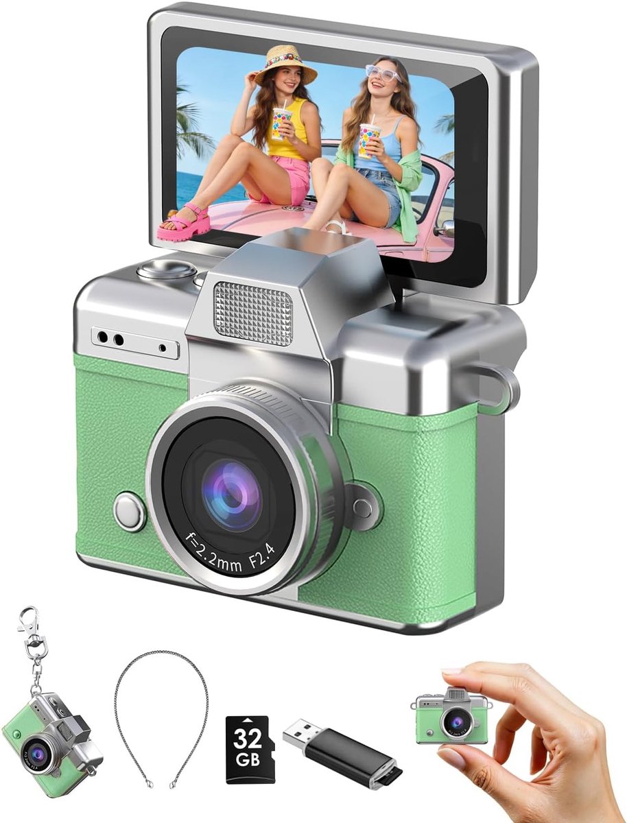 Mini Sleutelhanger Camera - 1080P Draagbare Digitale Camera - 1,47" Flip-LCD-scherm & Flitser - Retro Pocketcamera - 32GB Geheugenkaart - Compact voor Reizen, Feestjes & Verjaardagen - Groen