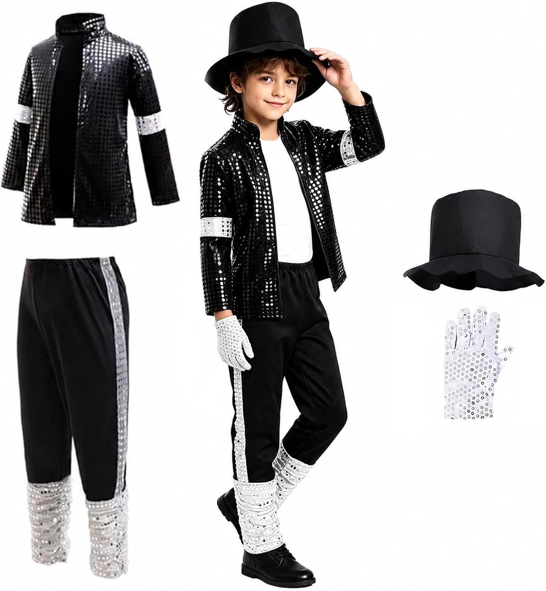Kostuumset voor jongens, jaren '80, vintage, zwart-wit paillettenjack, podiumumoutfit, Moonwalk voor Halloween, carnaval, podiumoptredens en themafeest
