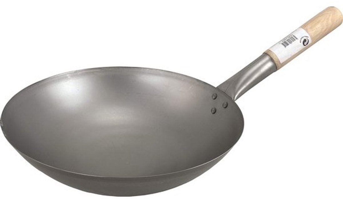 Aziatische ijzeren pan - Wok pan - Roerbakken en braden - Met houten handvat - Ø 30 cm - Zwart