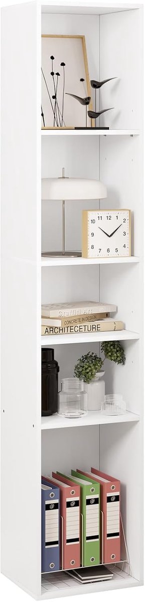 Boekenkast, open plank met 5 kubussen, ruimteverdeler, staand rek, archiefkast, opbergrek, smal, in woonkamer, kantoor, van hout, wit, 30 x 151 x 26 cm