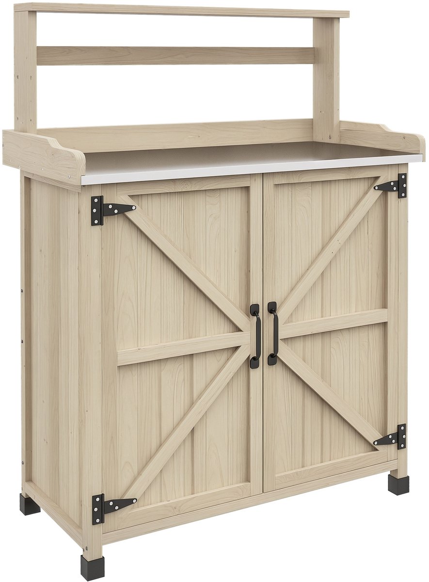 Plantentafel met Kast - Tuin Werktafel - Buiten Klussen - Gegalvaniseerd Werkblad - 90.5 x 41 x 124,5 cm