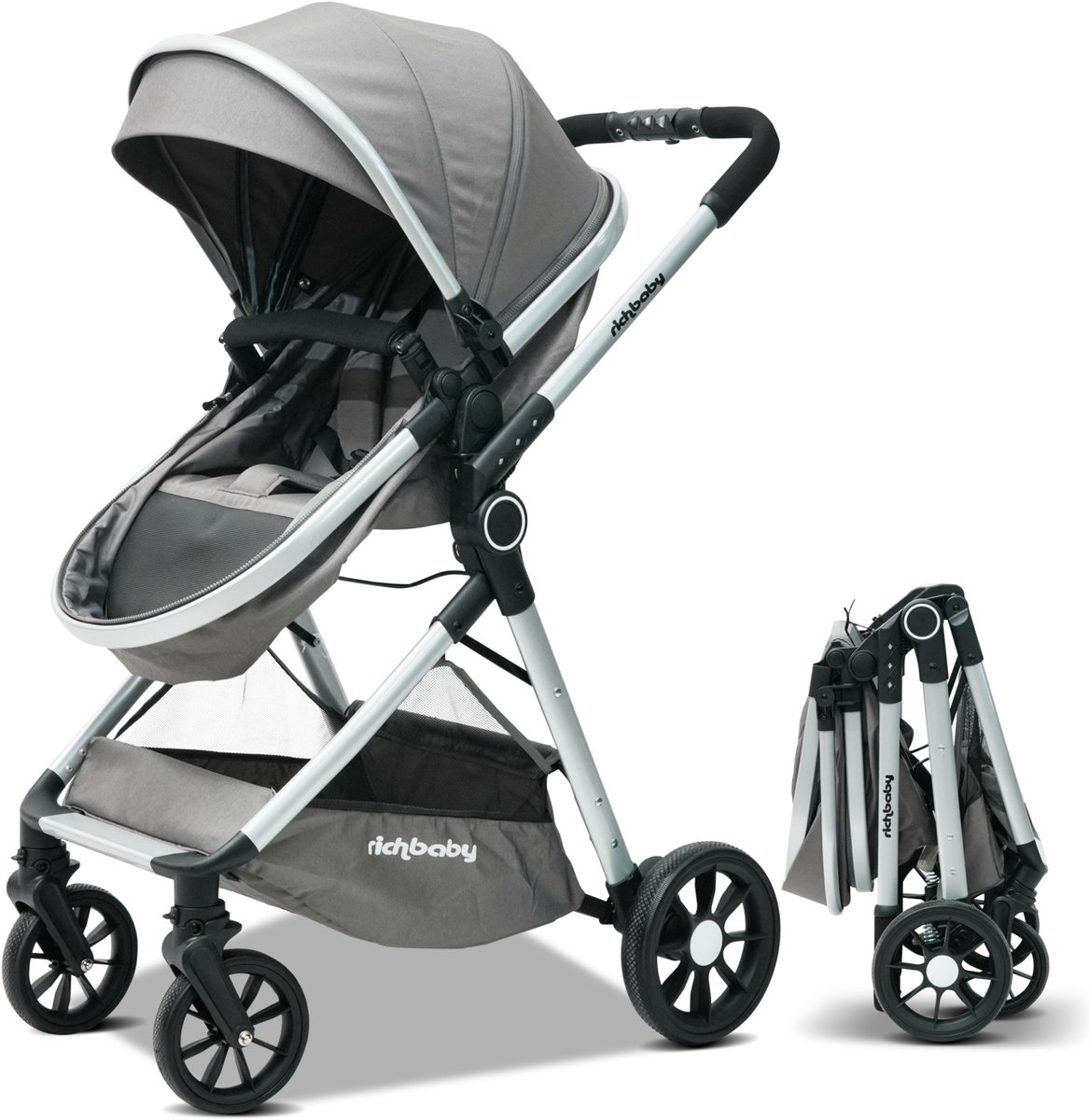 MEUNIQ 2-in-1 kinderwagen met omkeerbare zitting en ligmandfunctie, verstelbare zonnekap, eenhands inklapbaar, opbergmand, 0-36 maanden, antiek grijs