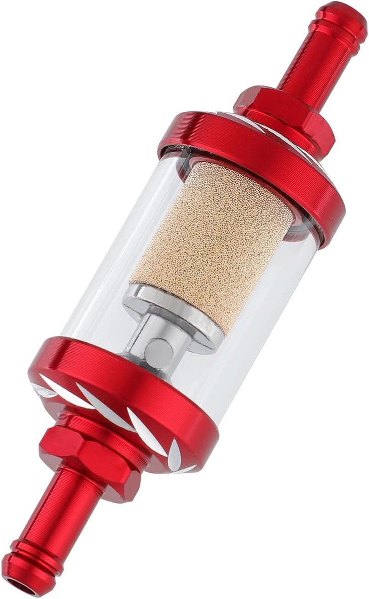 5/16-inch inline-brandstoffilter, herbruikbaar aluminium filter met doorzichtig glas; uitwasbaar brandstoffilter voor kleine motoren, motorfietsen, ATV's, grasmaaiers en boten. Ontworpen voor systemen zonder brandstofinjectie
