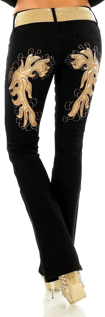 Jeans broek slagbroek vlam kunstleer borduurwerk tattoo riem XS-XXL, zwart-goud, XS