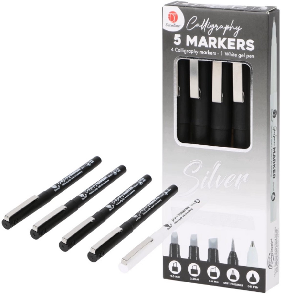 Decotime - 4 kalligrafeer markers silver + 1 gelpen wit - kalligrafie pennen stiften - kalligafeerstiften silver