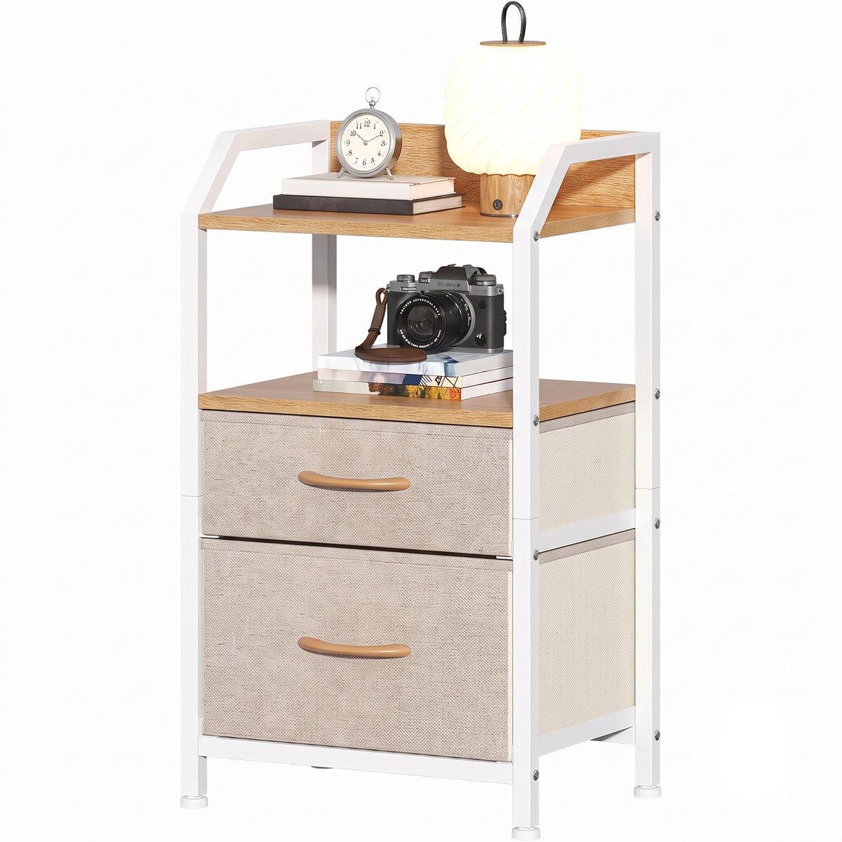 Nachtkastje met open opbergvak en 2 stoffen lades - Khaki en wit - MDF-blad in houtlook met opstaande rand - Verstelbare voeten - 40 x 30 x 70 cm