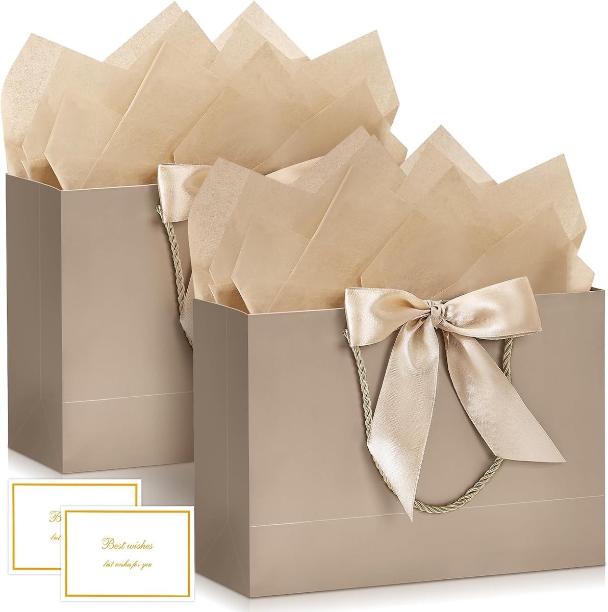 Papieren cadeautassen - Set van 2 grote cadeautassen met handvatten, afmetingen 28,4 x 20,9 x 10 cm, luxe strik, inclusief 2 kaartjes, geschikt voor verjaardagsfeestjes, bruiloften en andere gelegenheden,Champagne,28x20x10cm