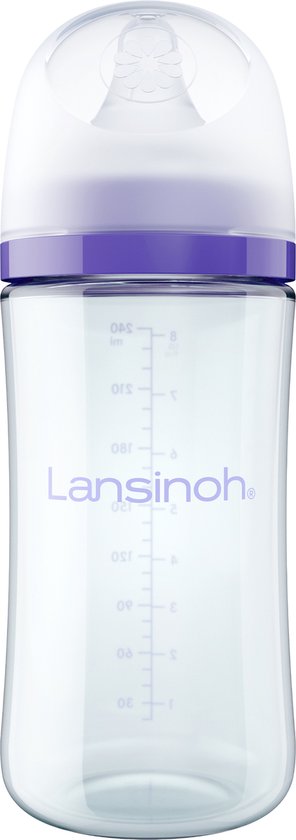 Biberon Lansinoh vide de 240 ml avec anneau violet et capuchon transparent.