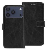 Étui portefeuille noir pour iPhone 17 Pro/18 Pro avec texture et fermeture à pression.