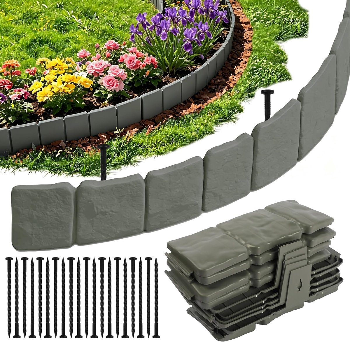 Gazonrand van kunststof voor perken, gras en paden, 20 delen met 20 haringen, grijs, 24 x 9,5 cm per rand, tot 5 meter