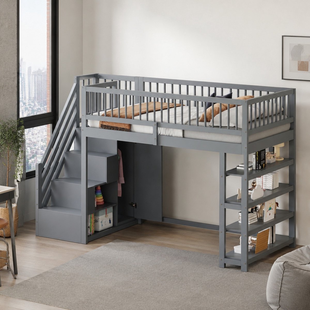 MEUNIQ Hoogslaper 90 x 200 cm met kledingkast, kasten, open planken, opbergruimte, veiligheidsladder en hoge uitvalbeveiliging voor kinderkamer, Grijs