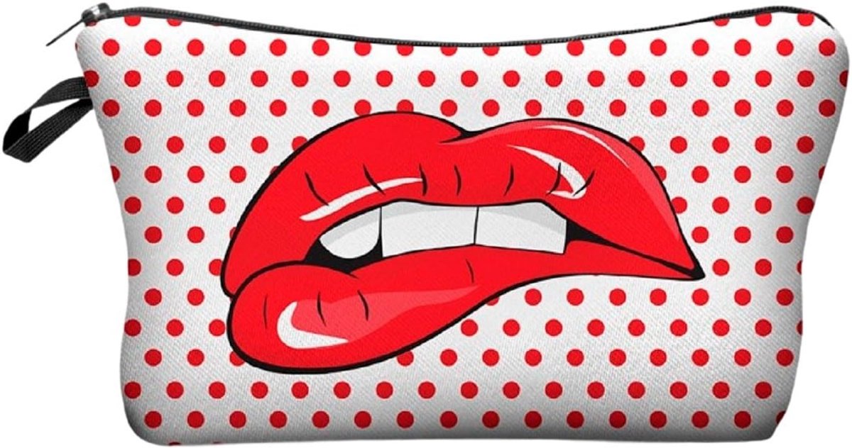 Toilettas, make-uptas, make-uptas, toilettas, waterafstotend, originele print-motieven voor reizen, vakantie en dagelijks gebruik, wit-rood (rode lippen), Eén maat, Toilettas