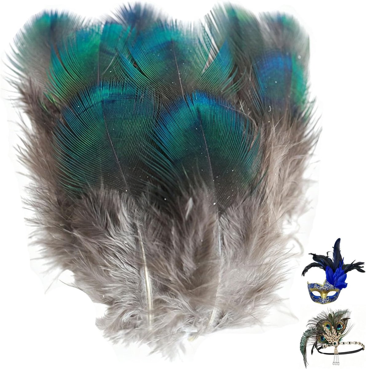 Veren, 3-9 cm, blauwe veren om te knutselen, kleine knutselveren, natuurlijke kleuren, staartveren, pauwenveren, decoratie voor sieraden, kostuum, dromenvanger