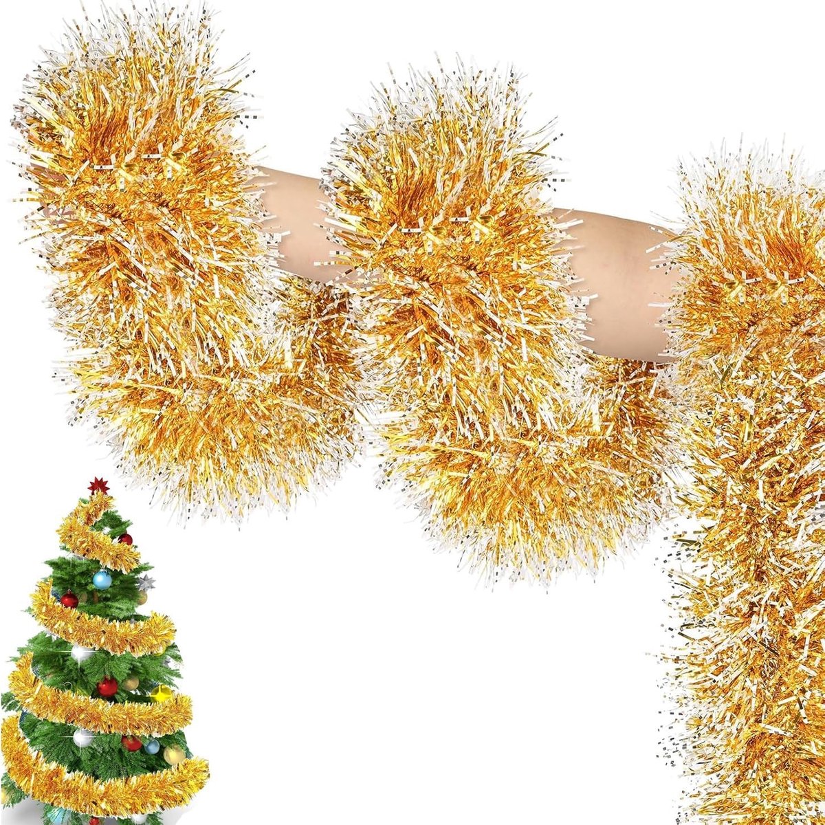 Gouden Lametta Slinger voor Kerstboom, 10 meter Lange Decoratie, Feestelijke Versiering en Kerstdecoratie