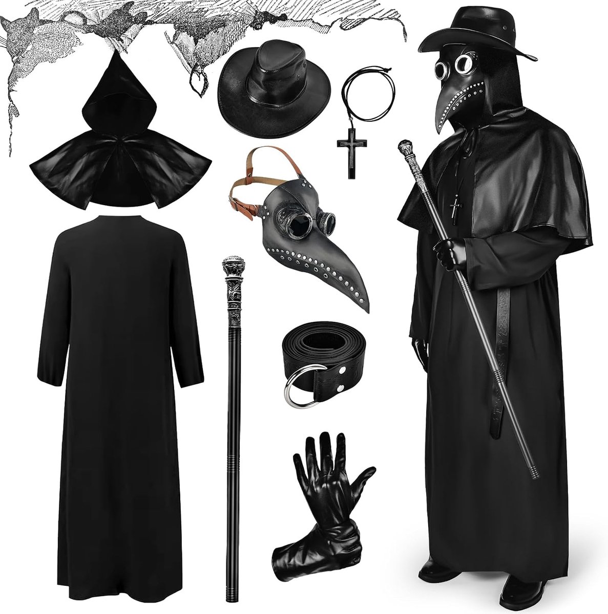 Pestdokterkostuum voor heren, pestdokterkostuum, cosplay-set, middeleeuwse pestdokteroutfit met pestdoktermasker, scepter hoed, handschoenen, accessoire voor volwassenen, Halloween