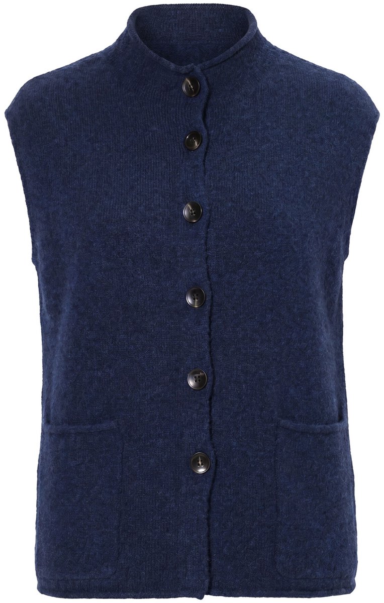Ulla Popken - Dames - Gebreid gilet rolrandjes ronde hals mouwloos - Marine - Maat 54+