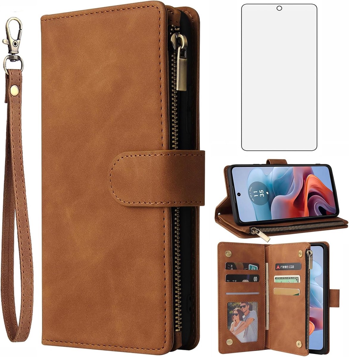 Telefoonhoesje voor de Motorola Moto G34 5G, met folie, beschermfolie en kaartenvak, inklapbaar, lederen portemonnee, standaard, Moto G34 G 34, ritssluiting, beschermend glas, beschermhoes,