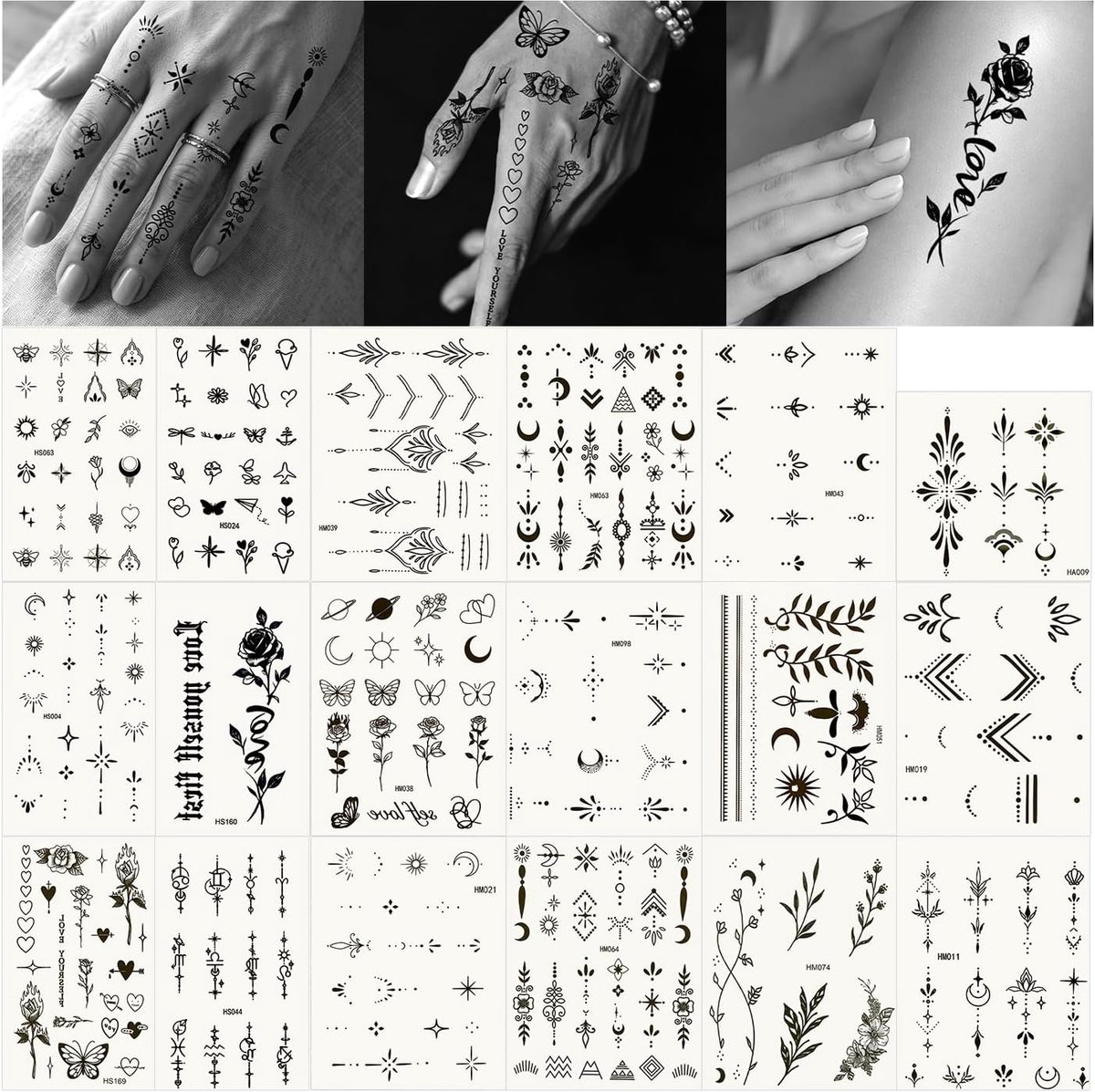 Tijdelijke tatoeages, geometrische lotus & pijl, voor vingers en handen van mannen en vrouwen