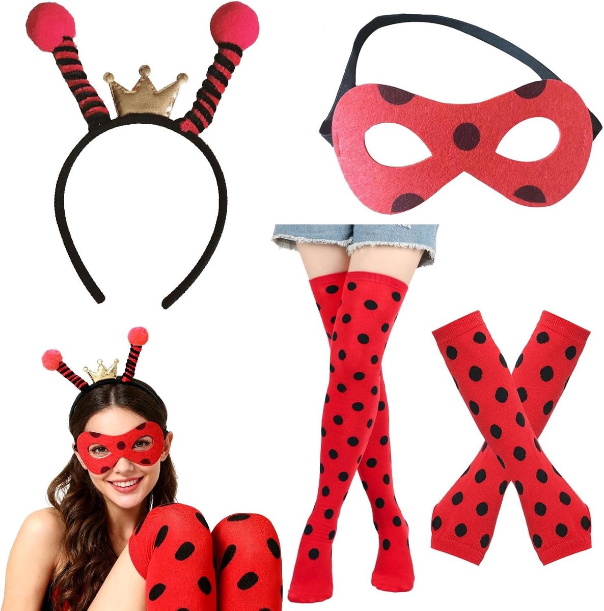 Complete Set van 4 Delen voor Lieveheersbeestje Kostuum - Verstelbare Accessoires voor Volwassenen en Kinderen, Perfect voor Themafeesten, Carnaval en Halloween Cosplay