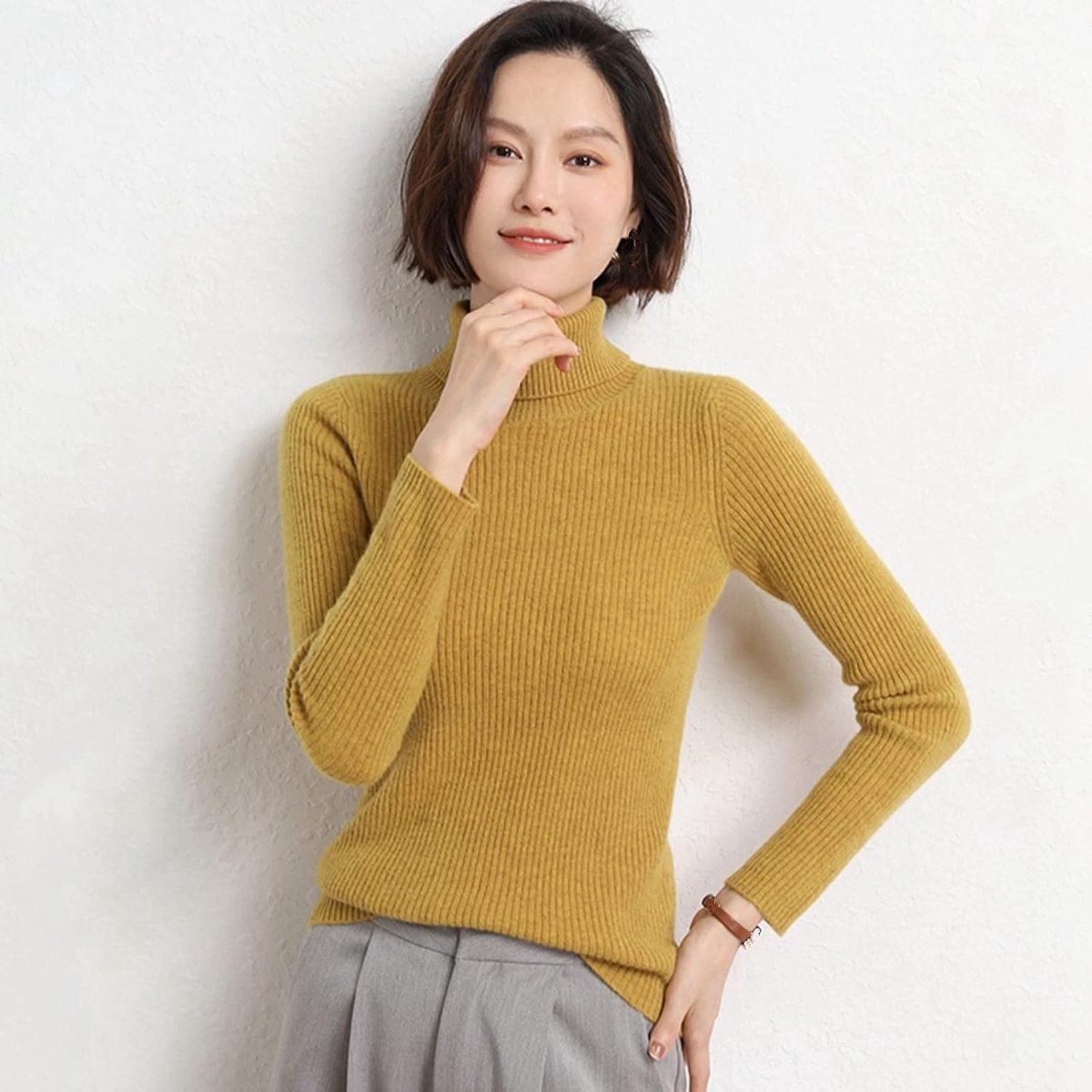 Coltrui Kasjmier Trui - Herfst Winter Dames Basic Warme Trui, Modieuze Gele Slanke Streep Gebreide Pullover, Stretch Lange Mouwen, Casual Streetwear Kerstcadeau,Geel,S