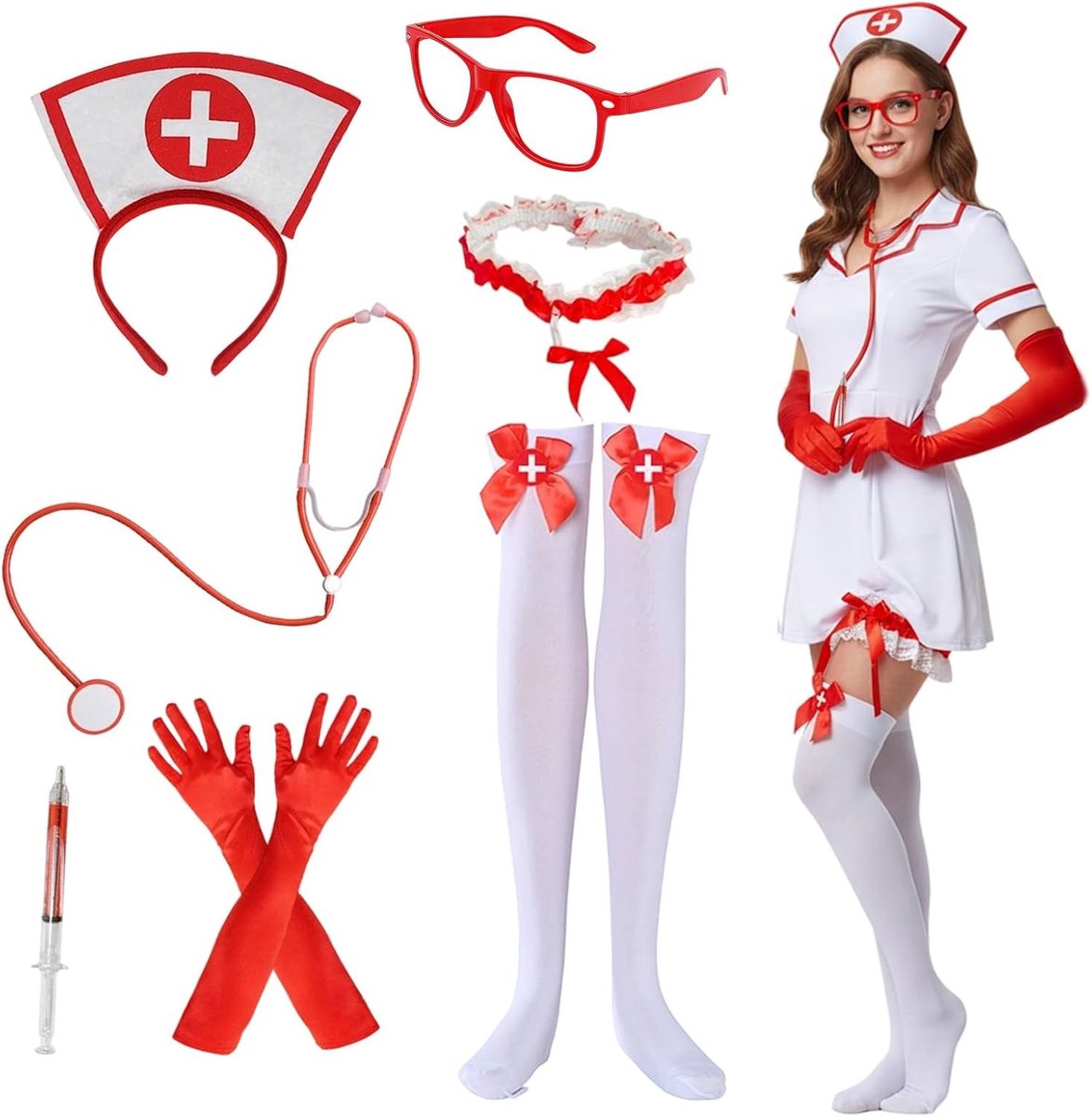 Verpleegsterkostuum met accessoires voor Halloween en carnaval, inclusief hoed, bril, stethoscoop en sokken