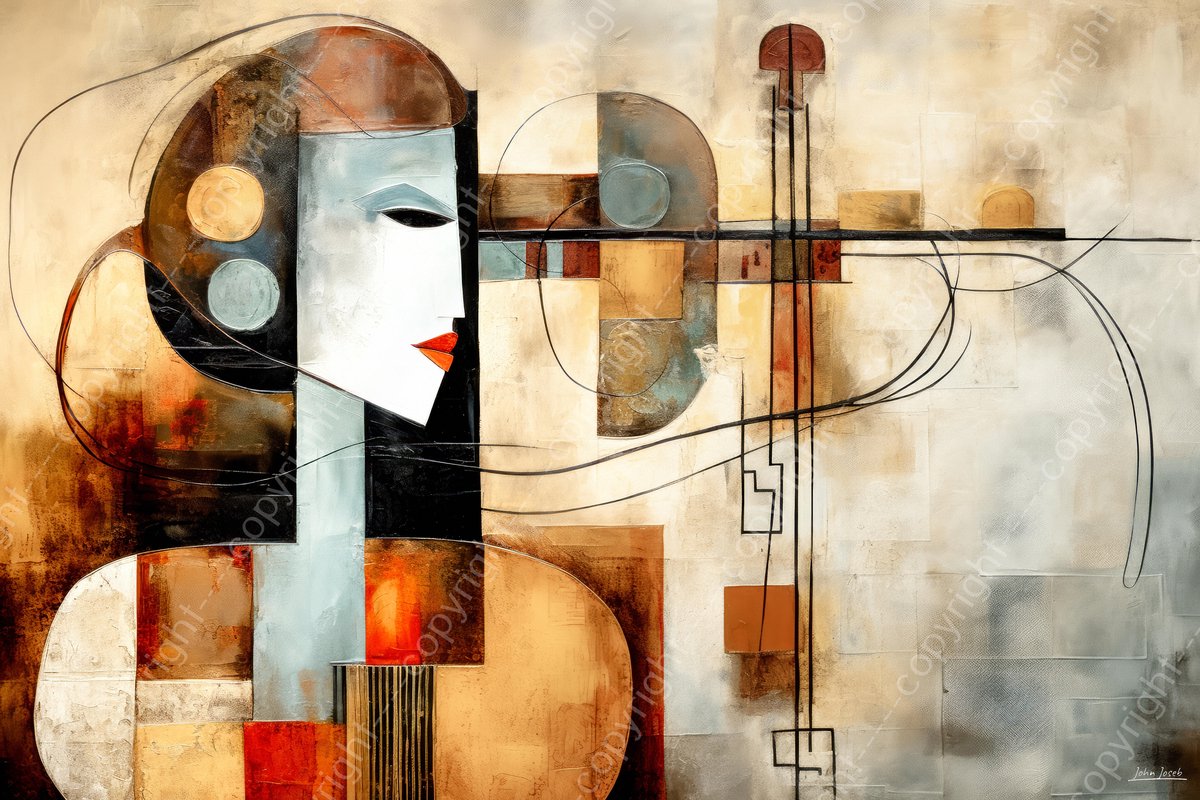 John Joseb Art (Aluminium) 120x80 | Vrouw met viool, Picasso stijl, modern surrealisme, abstract, kunst | muziek, instrument, rood, blauw, grijs, bruin, wit, modern | foto-schilderij op dibond, metaal wanddecoratie