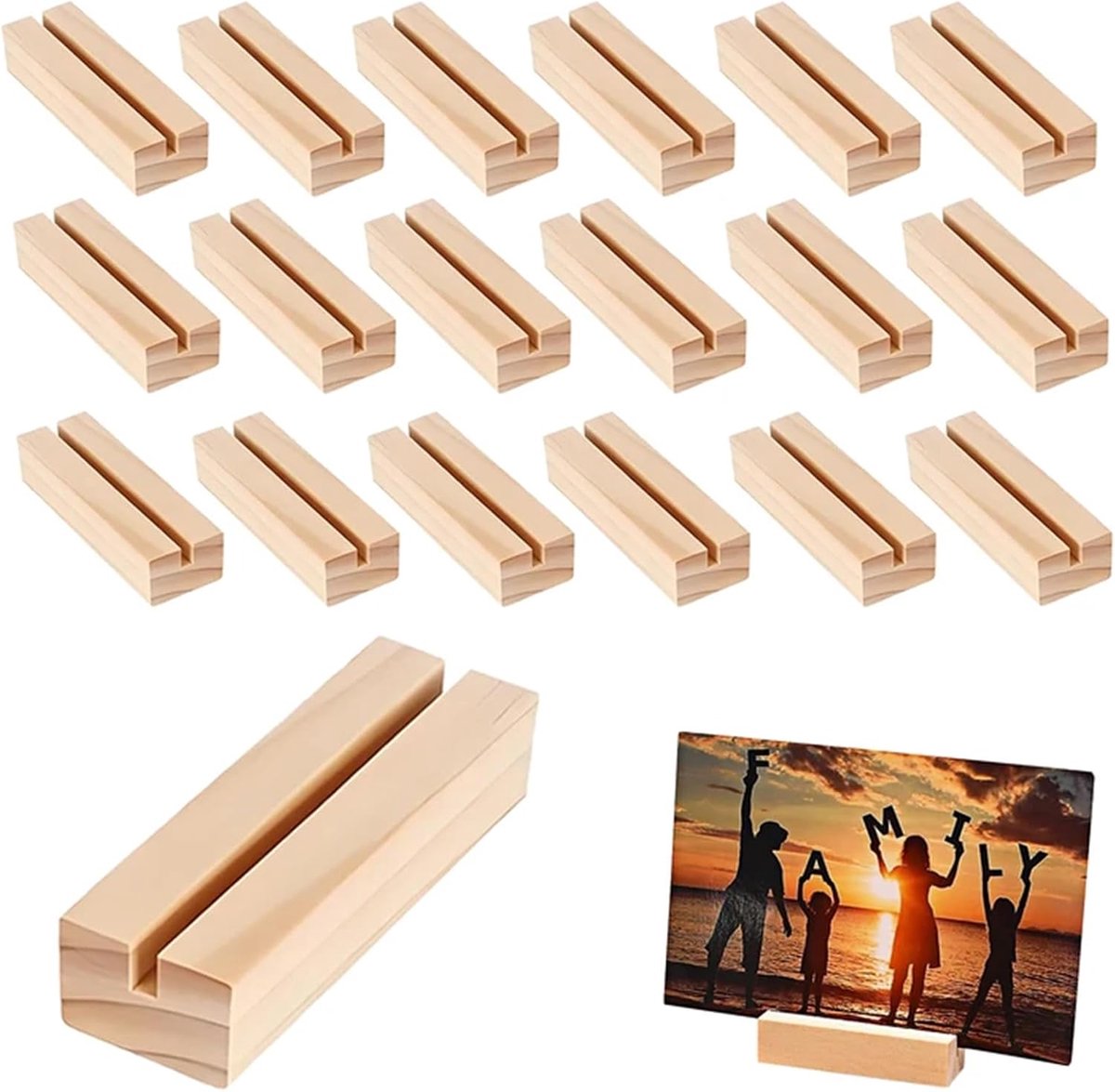 20 stuks houten kaarthouders, 10,5 x 3 x 1,5 cm, houten standaard, tafelkaarthouder, menukaarthouder, ansichtkaarthouder, voor restaurants, bruiloften, banketten en feesten, menuhouders voor