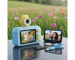 ARNSSIEN Kindercamera – 1080P HD Digitale Camera voor Kinderen met 2,4" IPS-scherm, 180° Draaibare Lens, 8GB TF-kaart en Draagriem – Lichtblauw/Geel