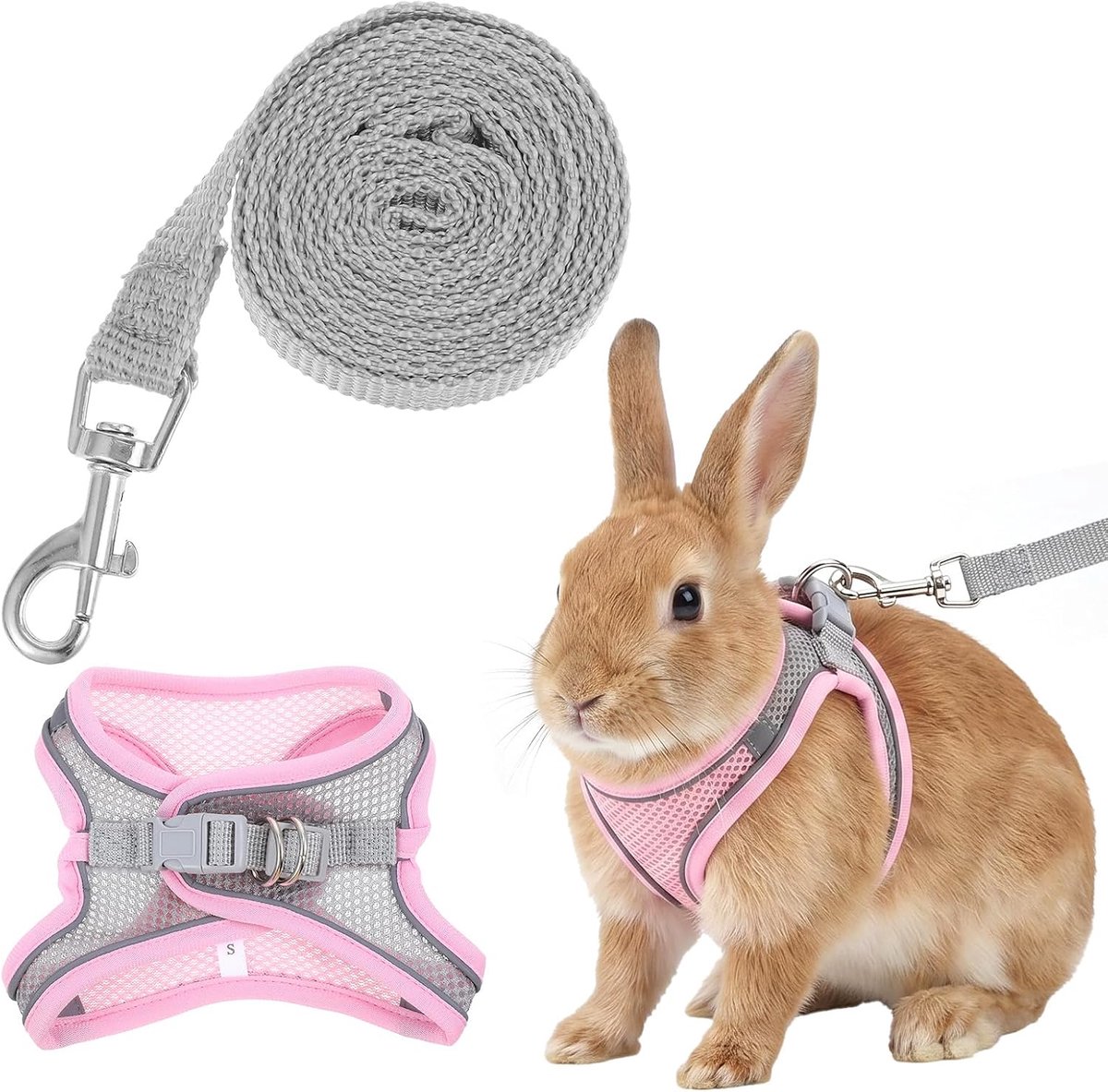 Konijnenharnas en riem set, schattig konijntje riem ademend mesh vest, konijn harnas en riem voor konijntje kitten puppy, roze grijs kleine huisdier wandelen accessoires