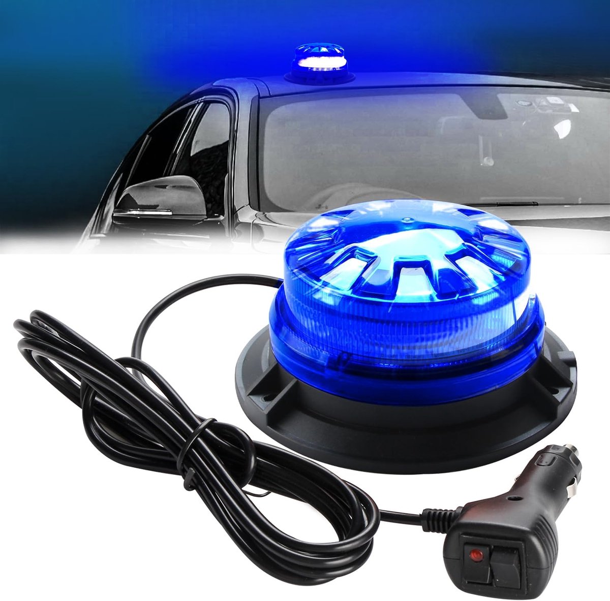 24 led-verkeerslichten voor het dak, rond, blauw, 8 knippermodi, superhelder, waterdicht, met magnetische basis, waarschuwingslicht, voor auto, vrachtwagen, politie, auto, 12-30 V