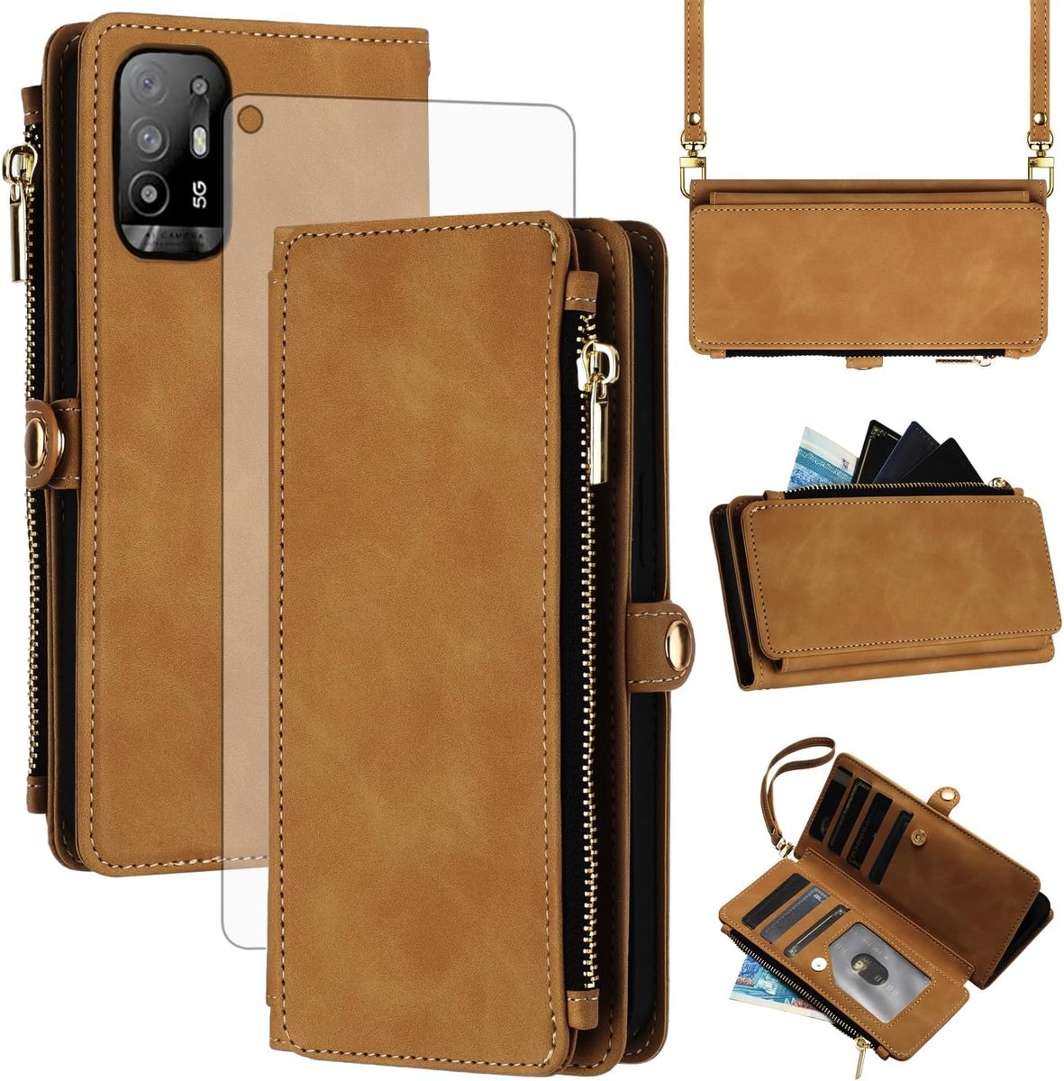 Hoes voor mobiele telefoon voor Oppo A94 5G/A95 5G/Reno 5Z/F19 Pro+ Plus, hoes met band en folie, beschermfolie, RFID-kaartenvak, inklapbaar, leer, bloemen, portemonnee, standaard, A 94 95