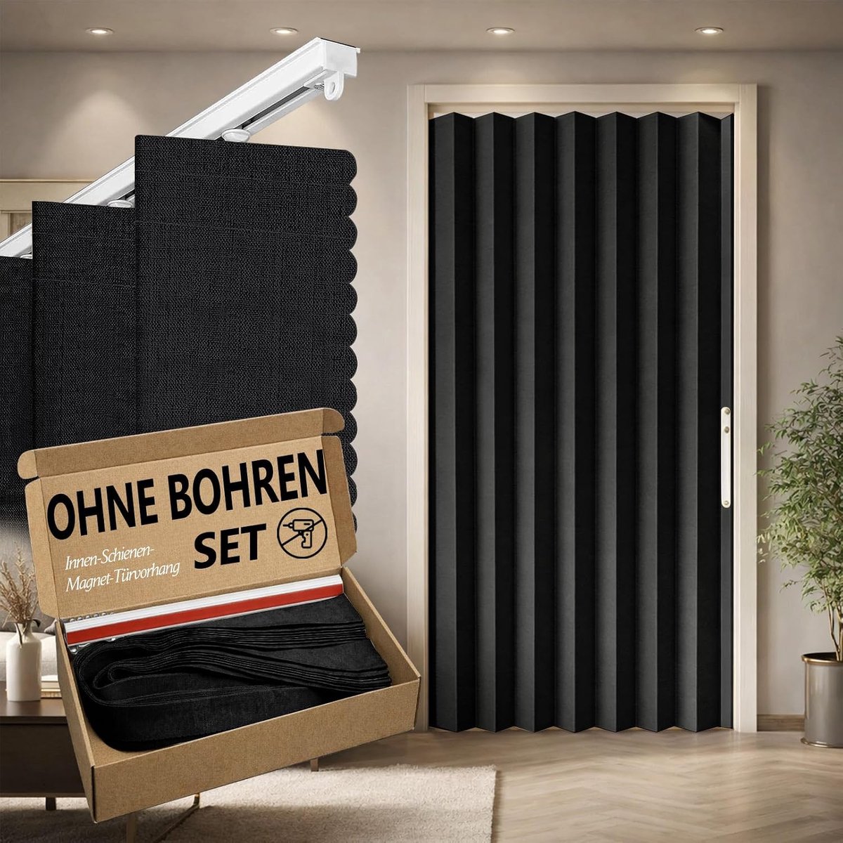 100% ondoorzichtig deurgordijn – opvouwbare acordeon-stijl met magneetsluiting, kleefmontage zonder boren, incl. plakstrip, verduistering en windscherm, zwart, H 201 x B 106 cm