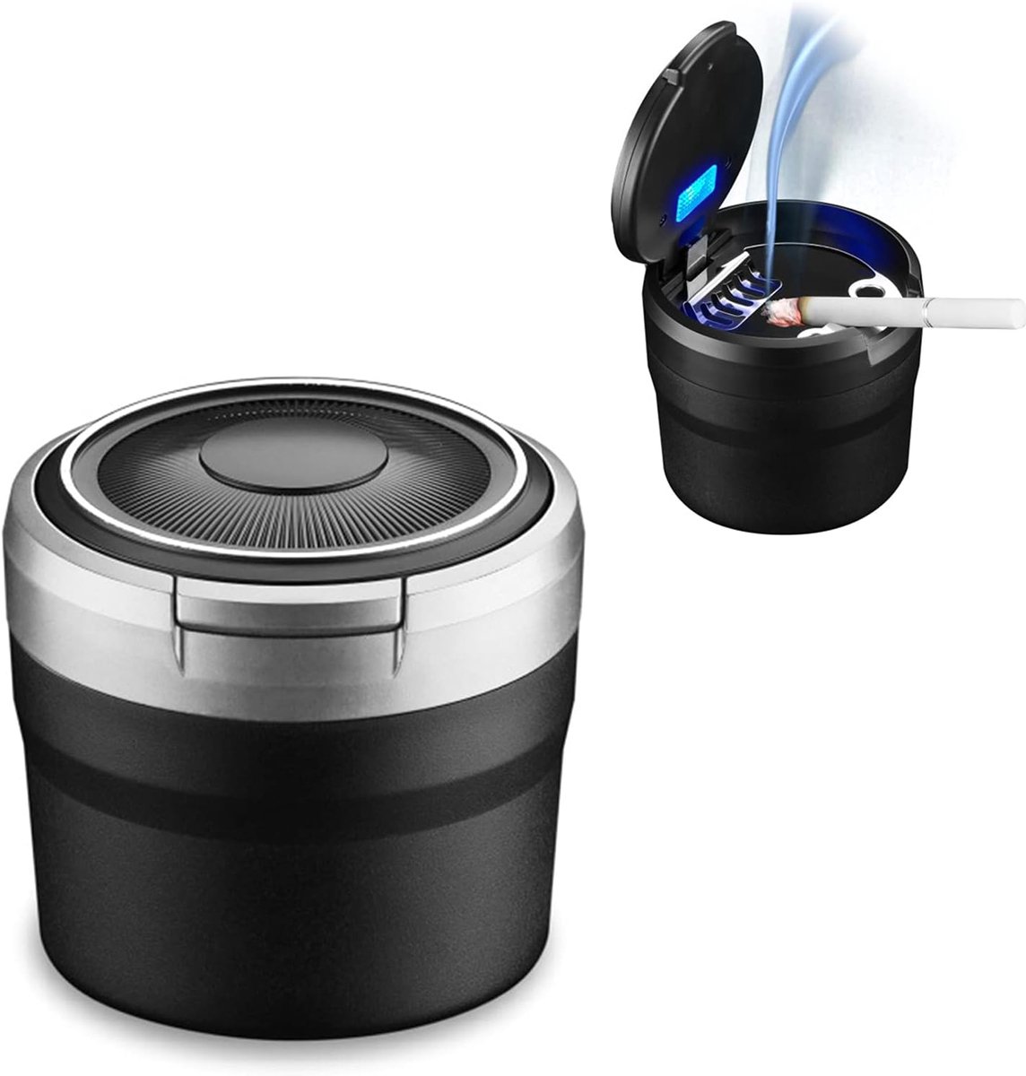 Afneembare auto-asbak met eenvoudig te reinigen ledlicht met klapdeksel, zelfdovende asbak voor auto's, van camping, buiten (grijs)