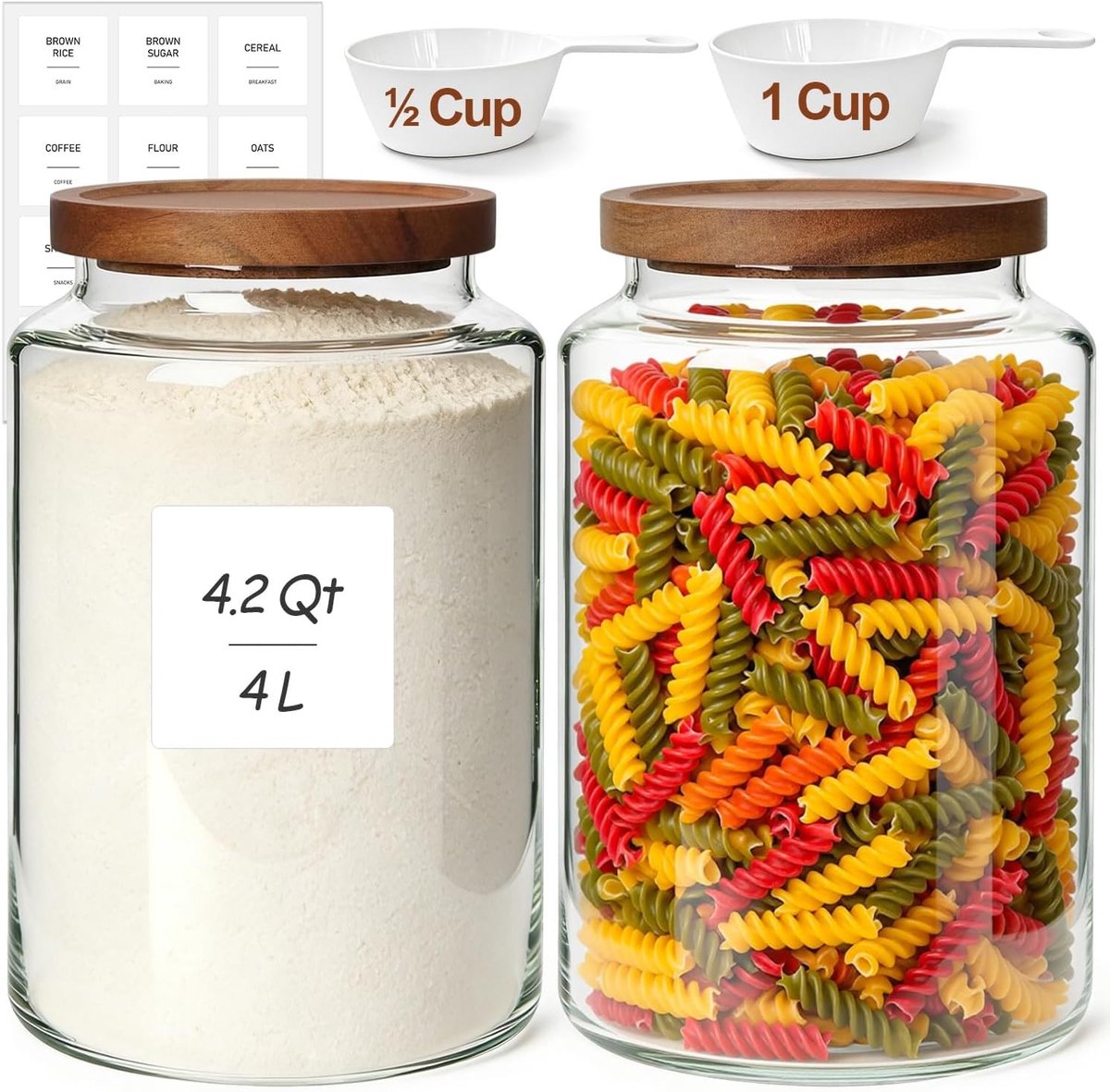 Glazen opbergpotten met acaciahouten deksel, 3.9 L, set van 2 voor keukenorganisatie en voedselbewaring