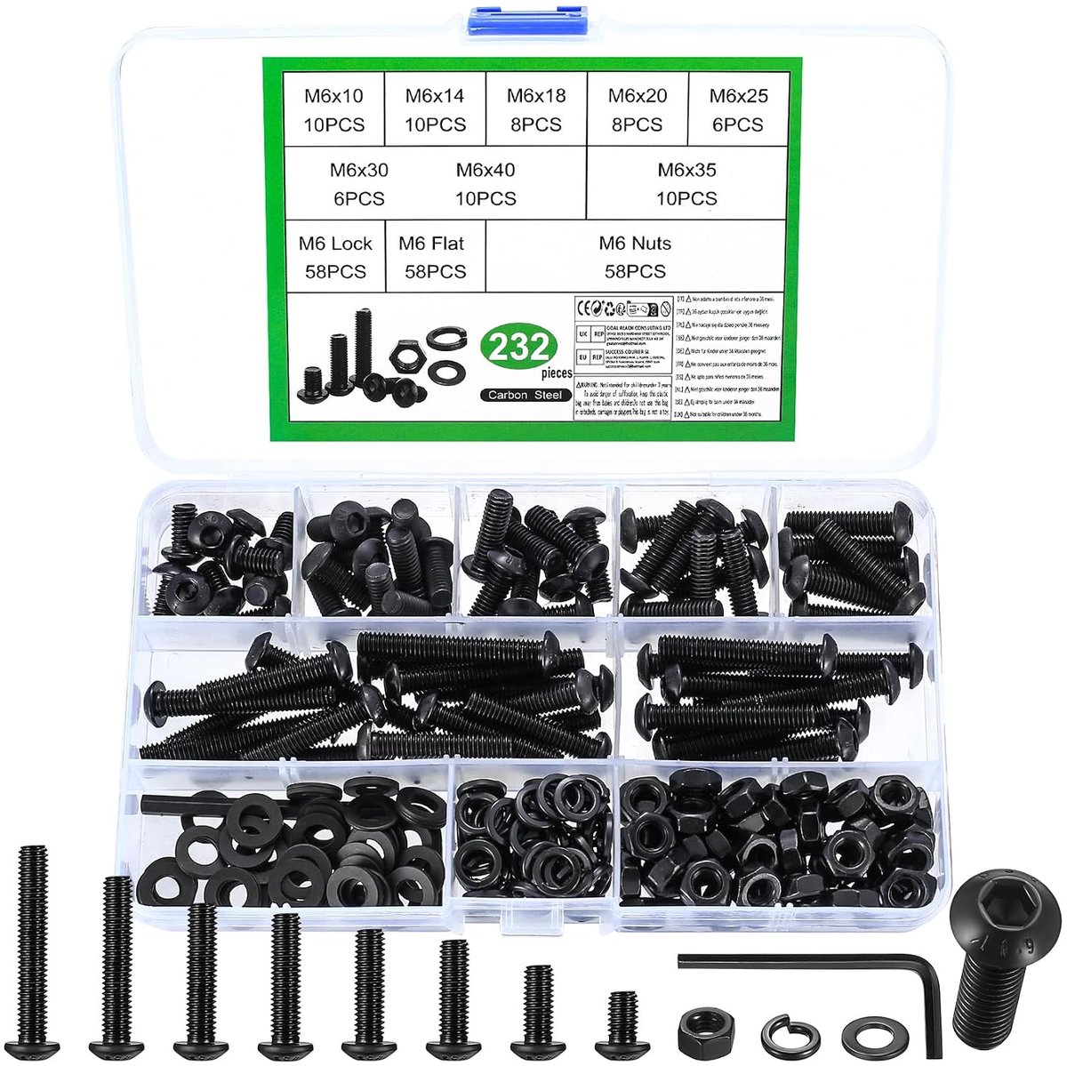 232 stuks M6 schroevenset, binnenzeskant schroeven moerenset, lenskopschroeven assortiment met sluitringenset, machineschroeven zwart rondkopschroeven, draadschrouwenset