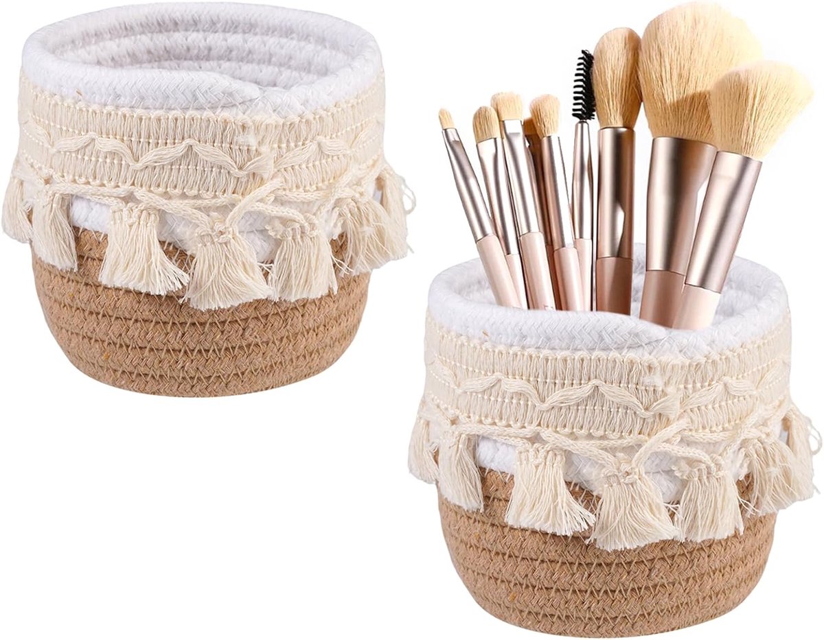 10×10 Cm Geweven Macramé Opbergmandje Voor Make-Up Pennen En Kleine Spullen