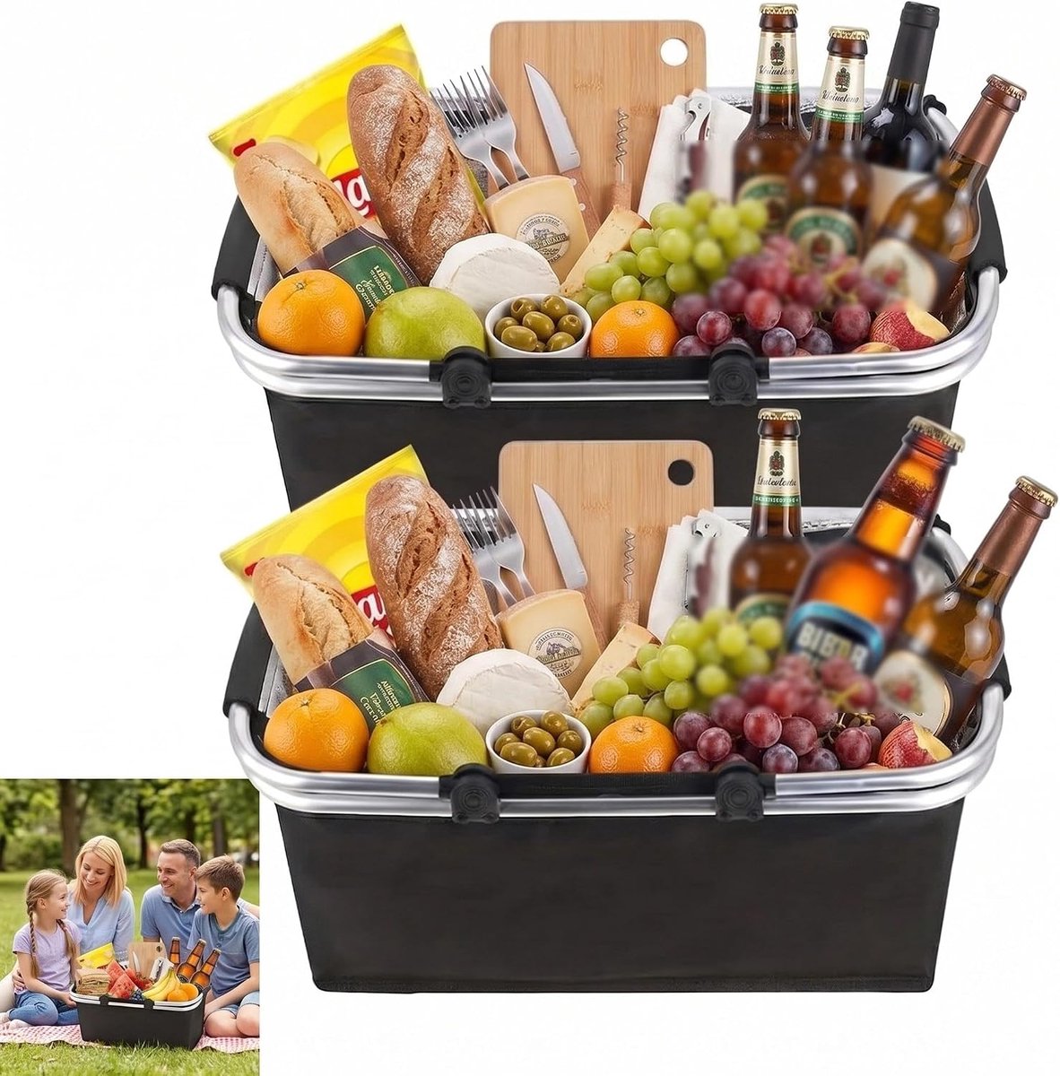Boodschappenmand, opvouwbaar, thermische picknickmand, koelbox, draagbaar, met gevoerde handgrepen, draagmand, voor reizen, picknick, winkelen, 18 liter, 2 stuks (zwart)